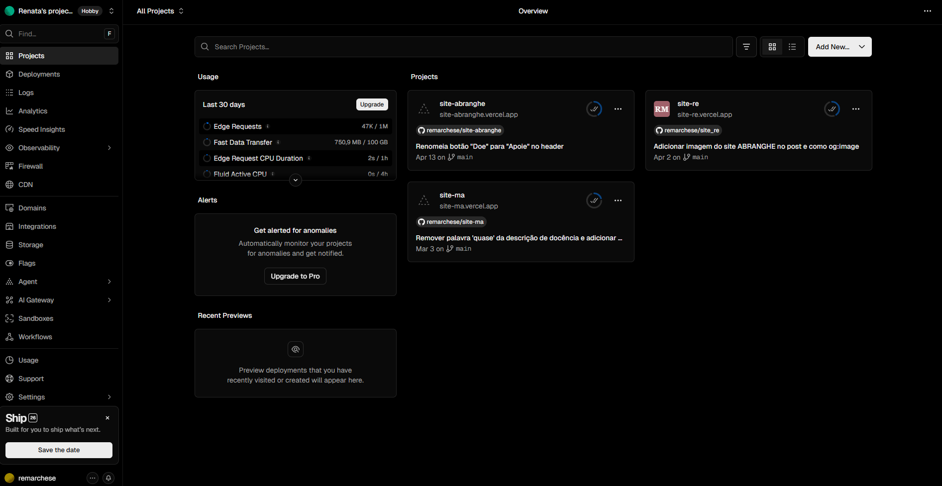 Painel da Vercel com os projetos da Abranghe deployados