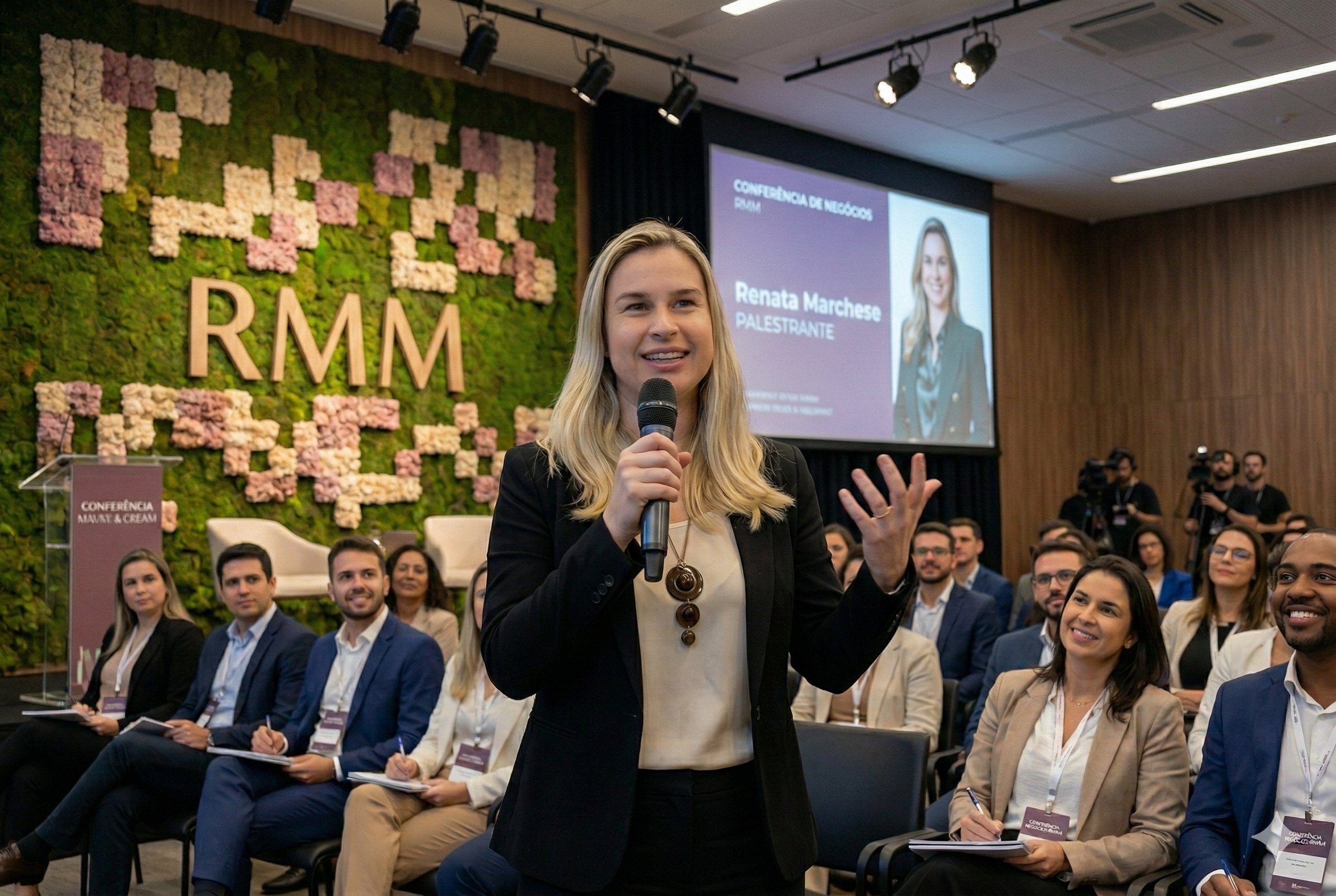 Renata Marchese palestrando em conferência